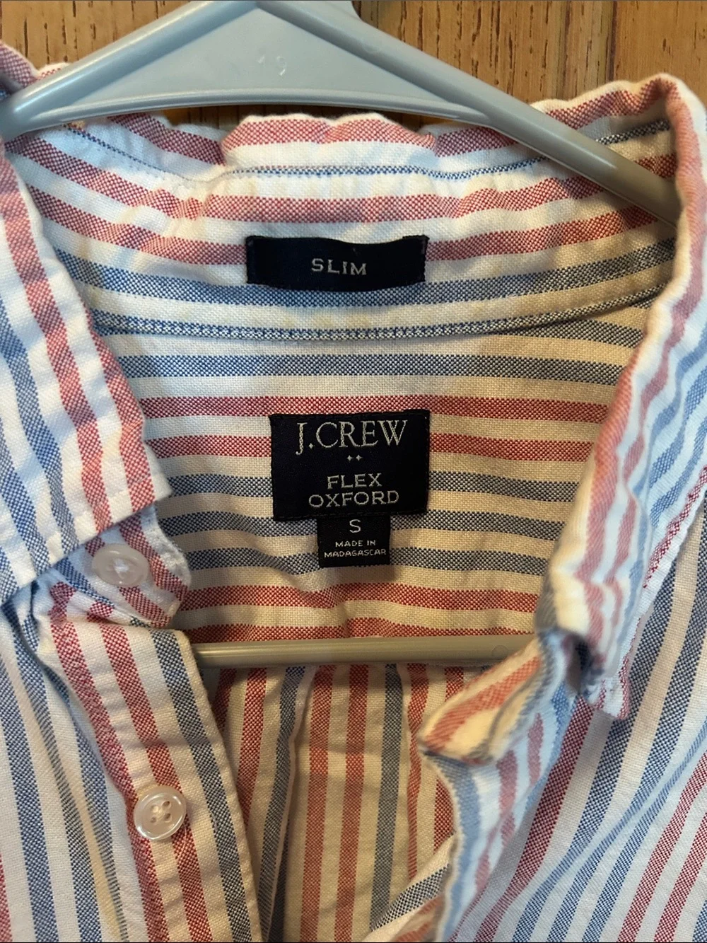 J. Crew Short-Sleeve Button-Down Shirt in Blue, Red & White Stripe
